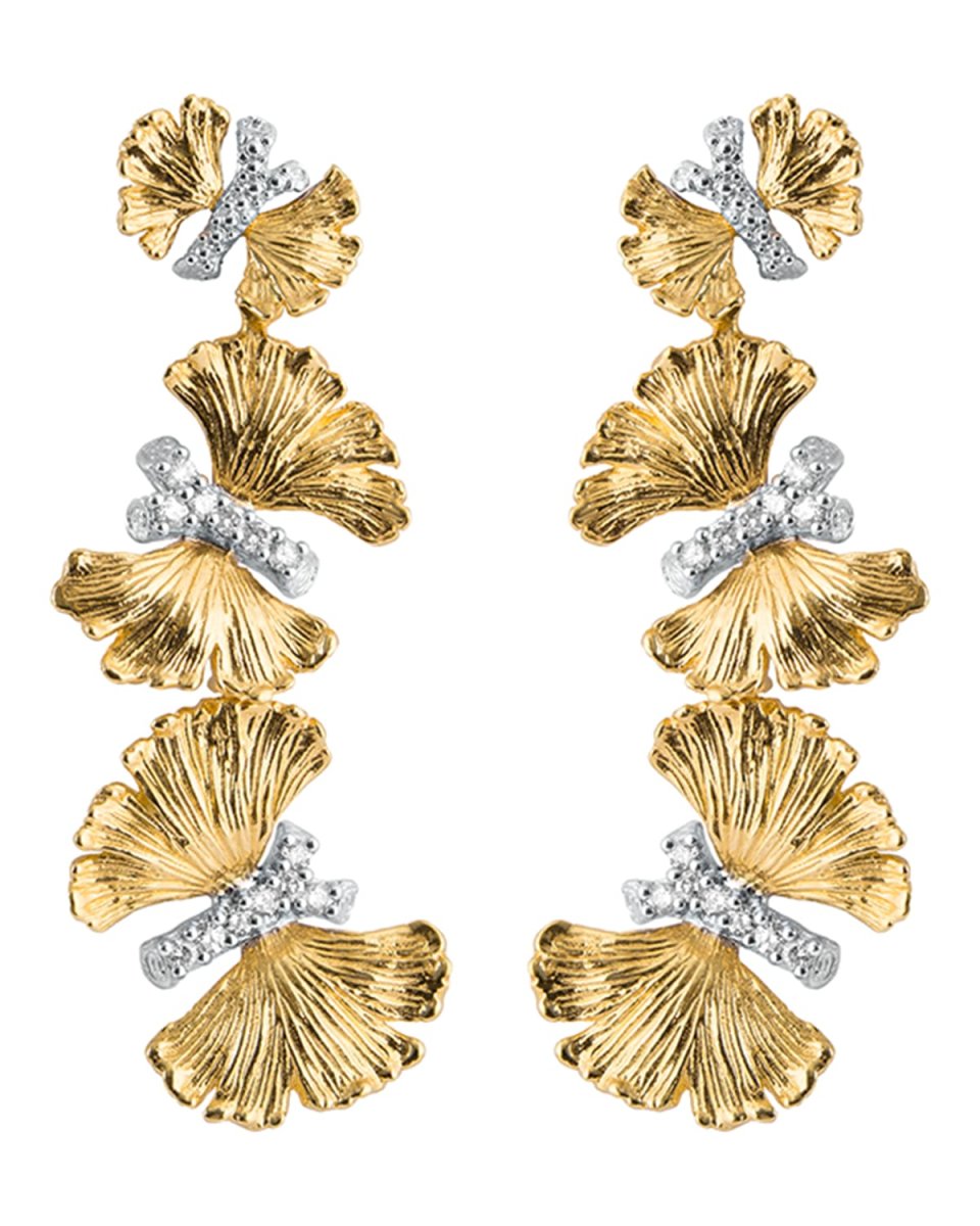 Butterfly Ginkgo Triple Drop Earrings with Diamonds